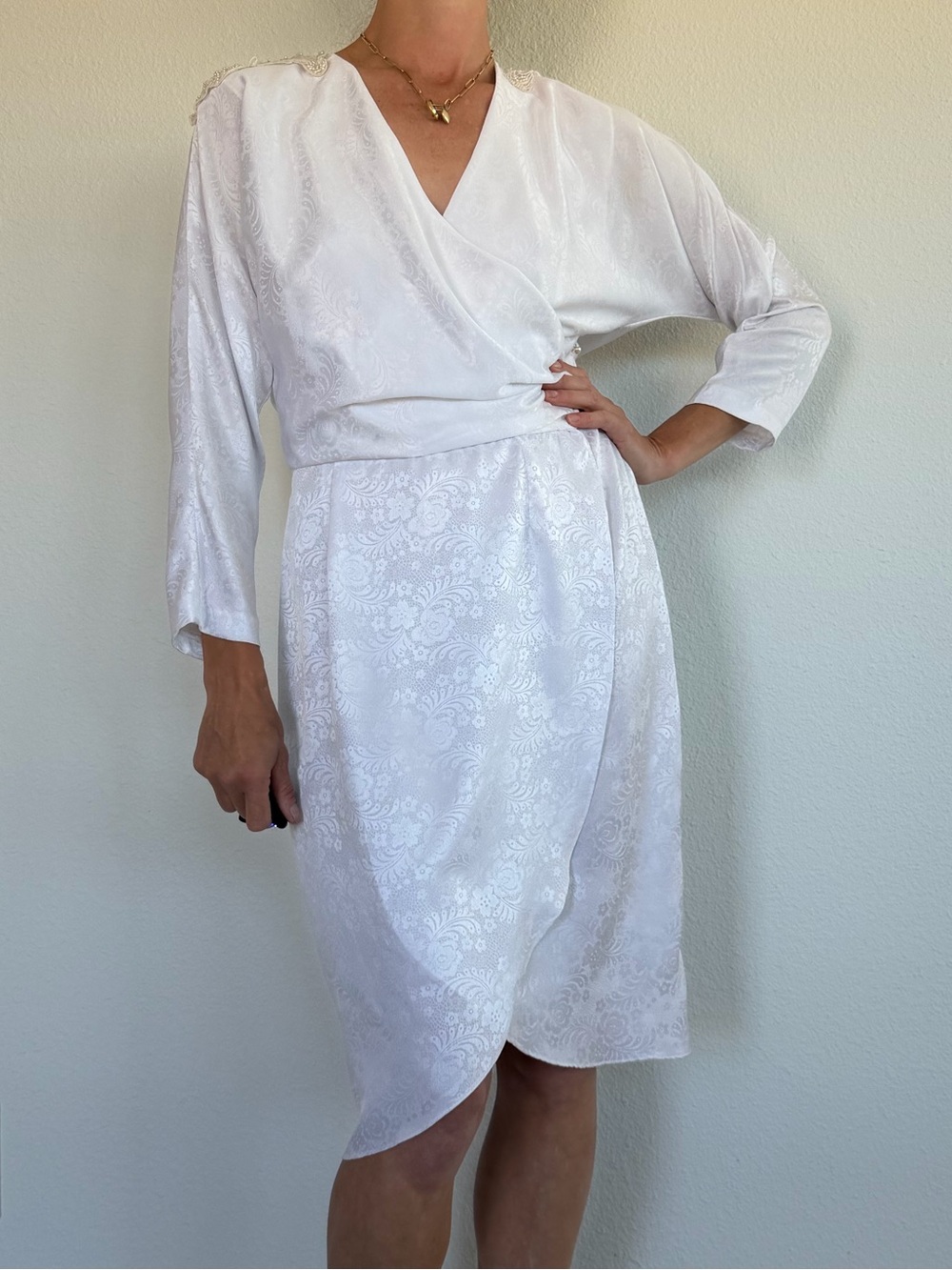 Vintage Samantha Black Satin Classic White Wrap Midi Dress